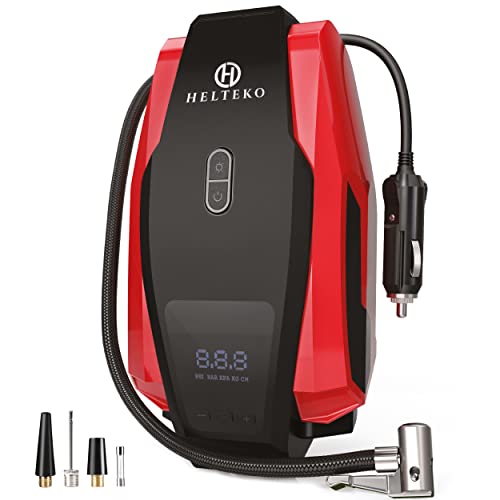 H Helteko Air Compressor Tire Inflator DC 12V, Portable Car Tire Pump w/Emergency LED Light, Long Power Cord, Auto Shut Off, Electric Air Pump for Car Tire Bicycle and Other Inflatables